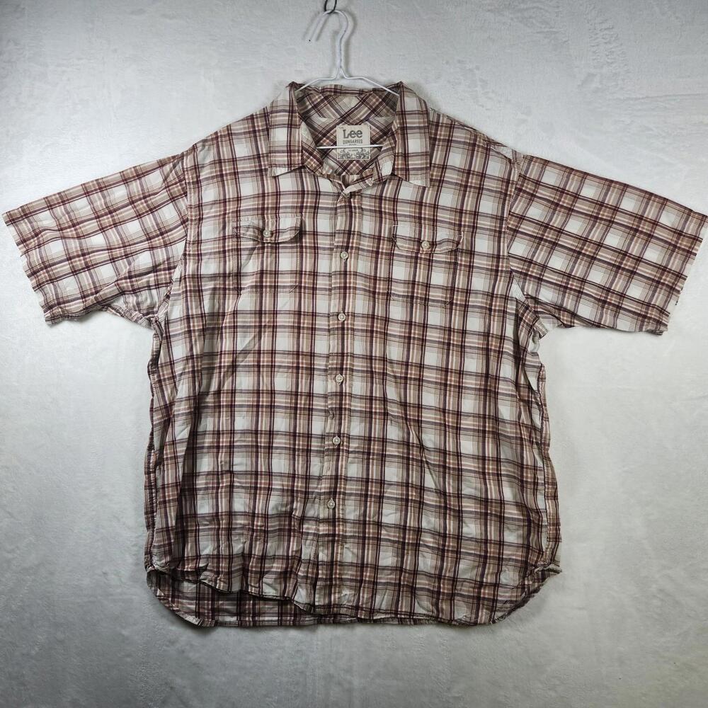 Lee Dungarees Plaid Western Shirt‎ 2XL Brown Beige Short Sleeve Outdoors Work